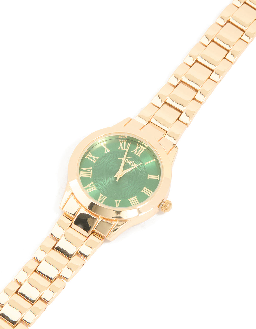 Discover a gold statement watch with green dial featuring roman numerals, designed for women with link band strap and analog type, perfect for formal occasions watch face detail view