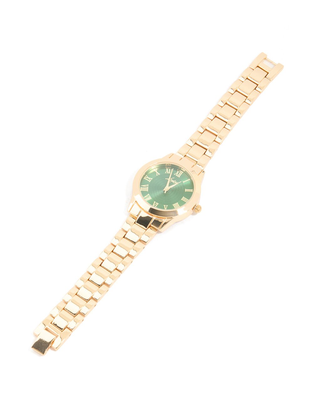 This statement watch features green dial with roman numerals, designed for women with gold link band strap, analog type, and formal occasion styling front view