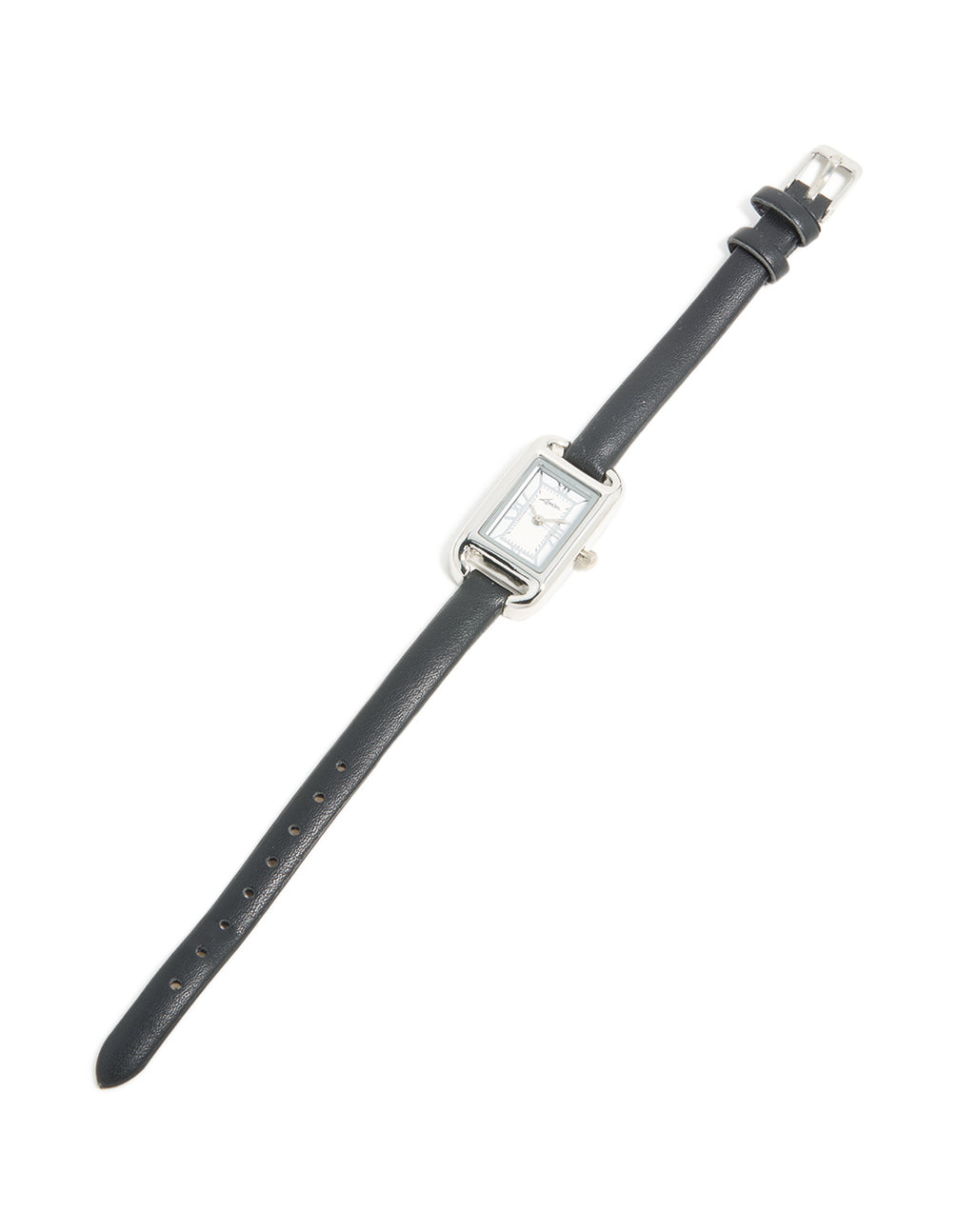 Stylish women's mini loop watch with roman featuring white dial, rectangle shape, analog display, casual style, PU leather strap in black and silver color front view