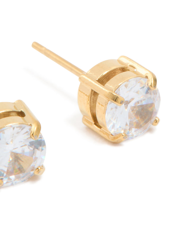 Mens Waterproof Gold Plated Stainless Steel Small Round Cubic Zirconia Stud Earrings