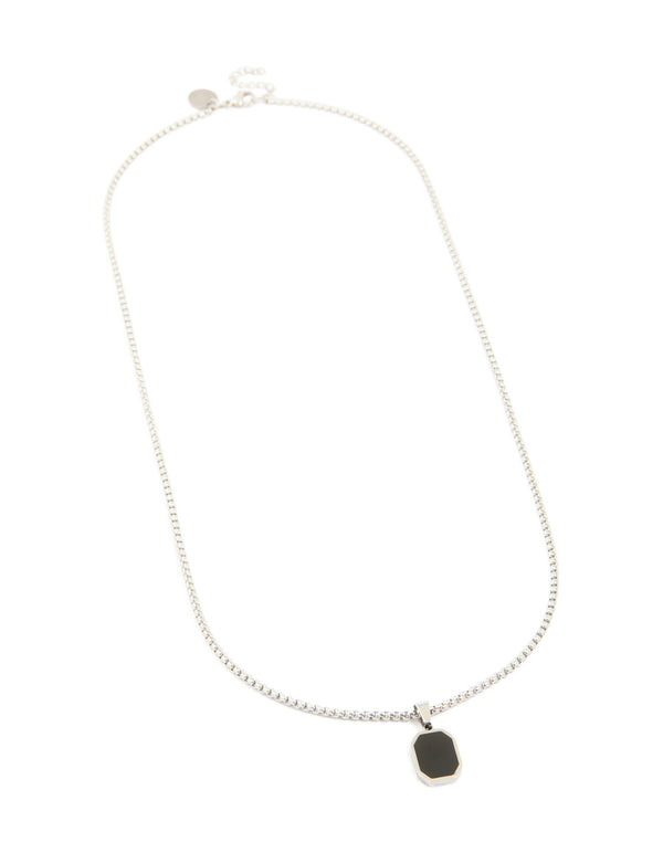 Mens Waterproof Stainless Steel Black Enamel Tag Pendant Necklace