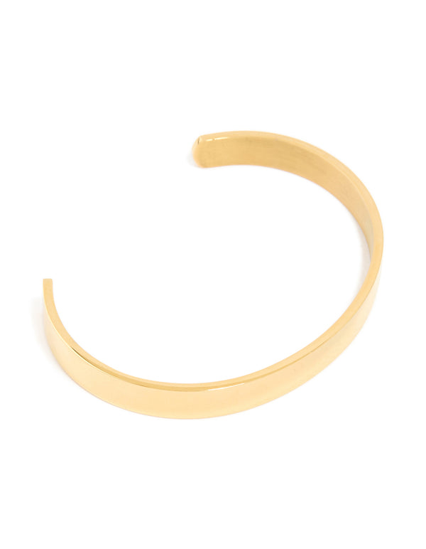 Discover this mens waterproof smooth flat wrist cuff crafted from stainless steel with chunky gold plated finish front view