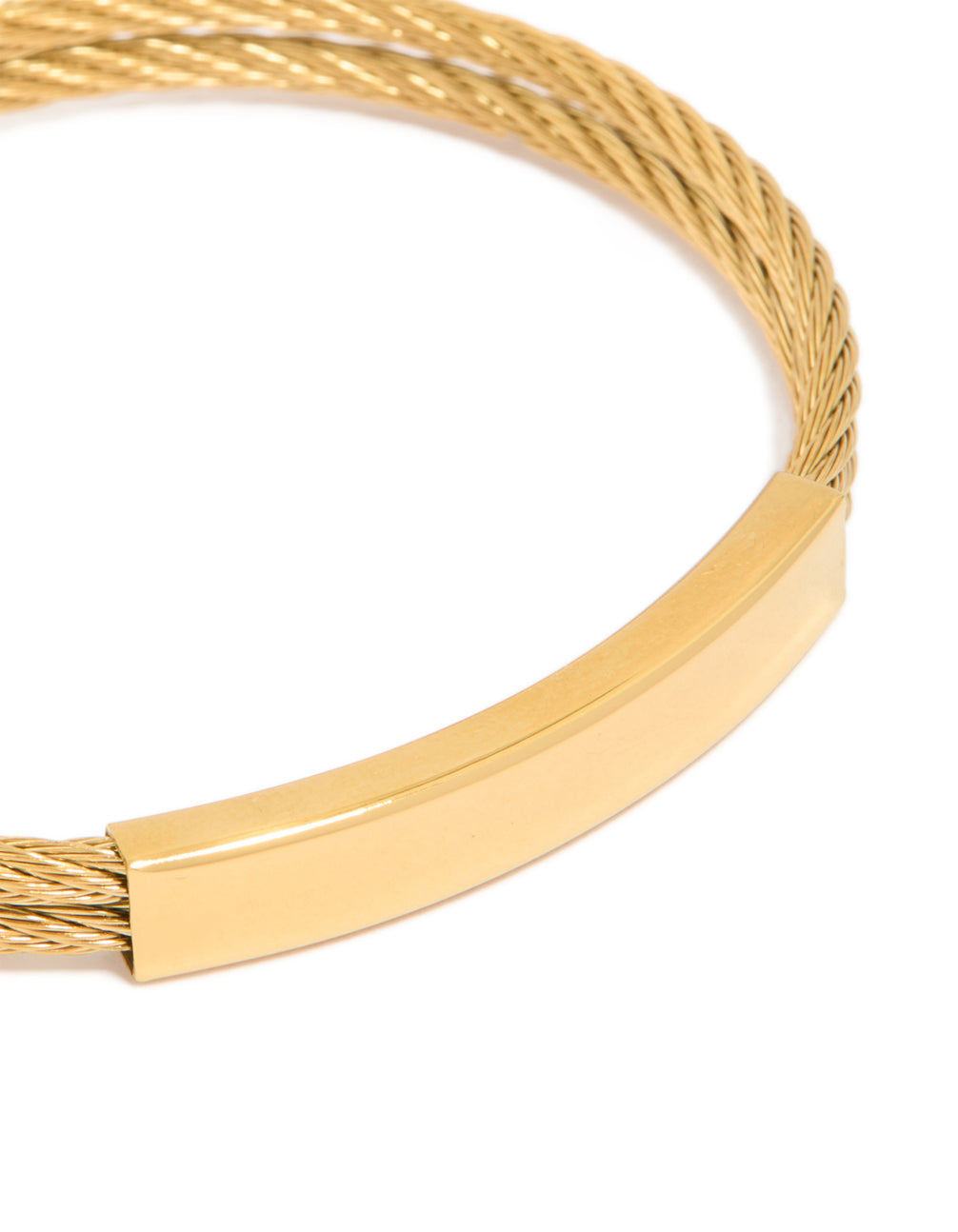 Showcasing mens waterproof twin wire twist wrist cuff in gold plated stainless steel with bar accent close up view