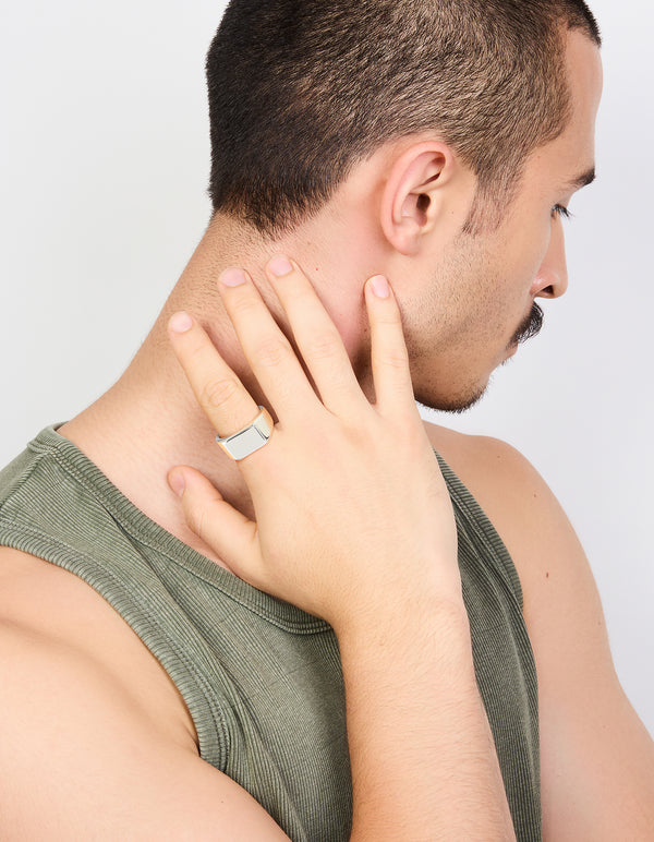 Mens Waterproof Stainless Steel Rectangle Signet Ring