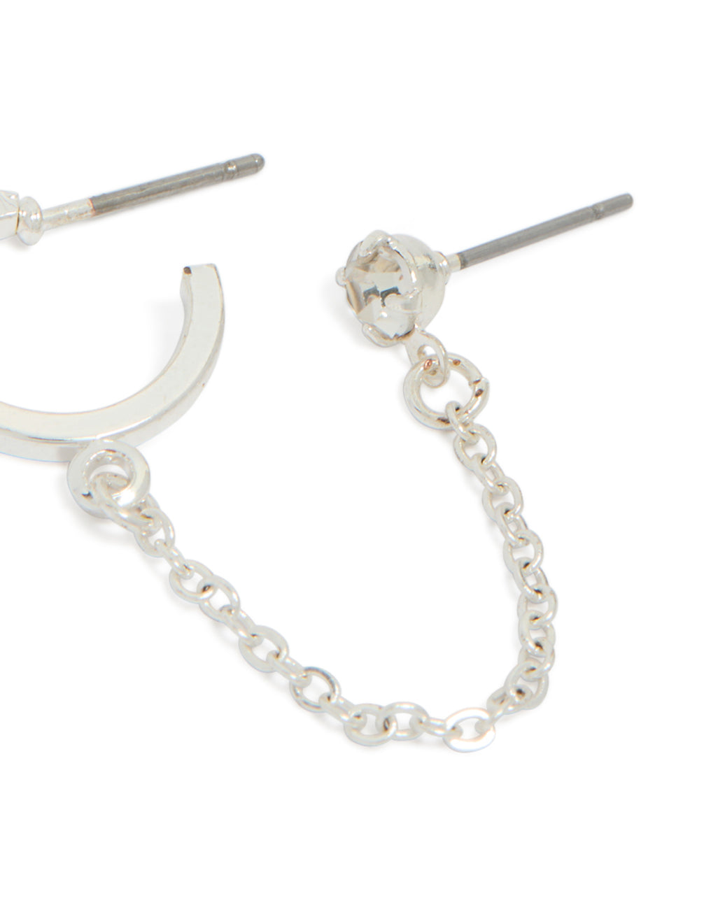 Detailed view of silver diamante stud and hoop chain earring highlighting embellished post and link craftsmanship close up view