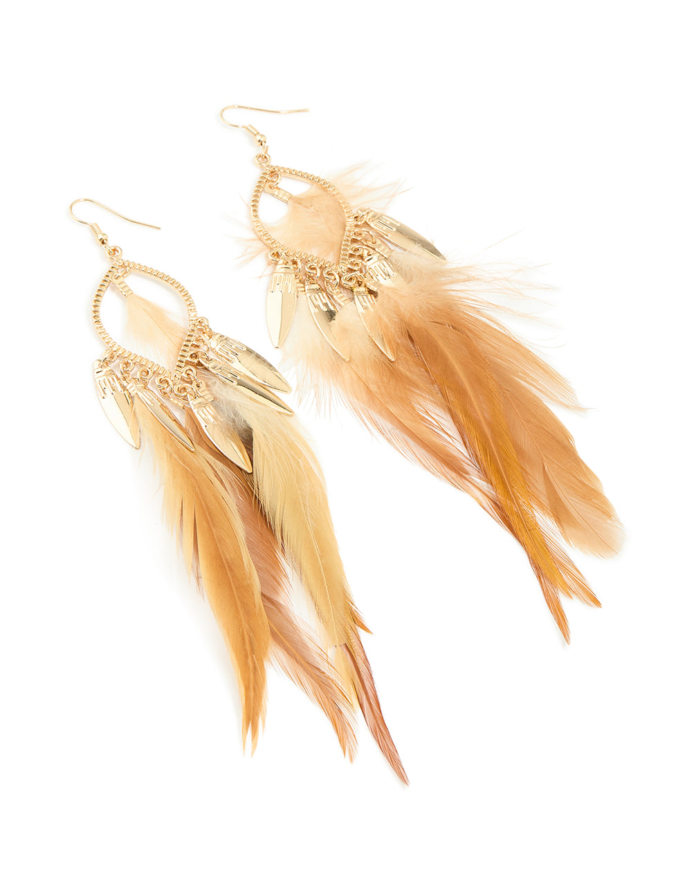Gold Brown Feather Boho Fish Hook Earrings