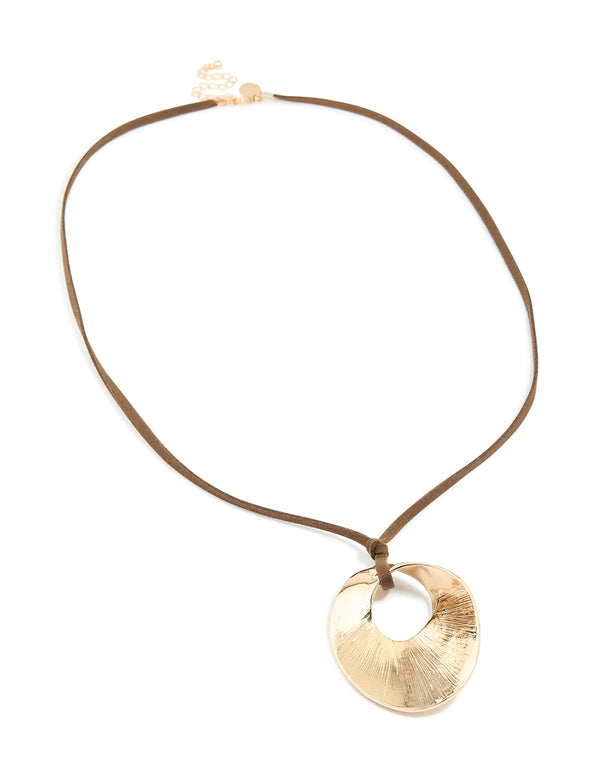 Gold Circle Pendant Brown Cord Necklace