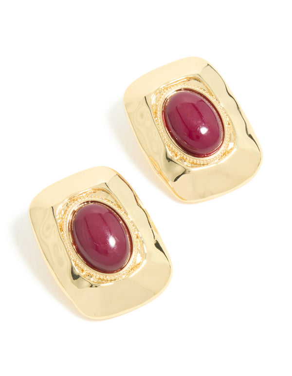 Gold Plated Red Acrylic Molten Rectangle Stud Earrings