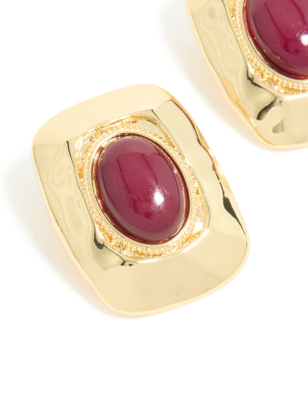 Gold Plated Red Acrylic Molten Rectangle Stud Earrings