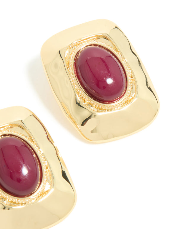 Gold Plated Red Acrylic Molten Rectangle Stud Earrings