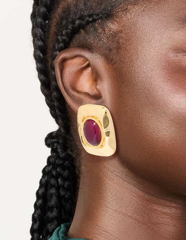 Gold Plated Red Acrylic Molten Rectangle Stud Earrings