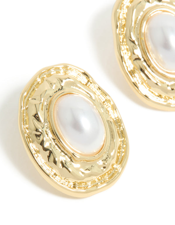 Gold Plated Pearl Molten Oval Earrings
