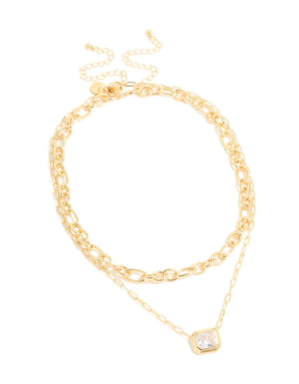 Gold Plated Diamante Rectangle Chain Layered Necklace