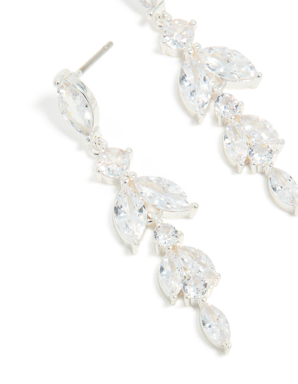 Designed with silver plated cubic zirconia vine medium drop earrings and leaf detailing close up view