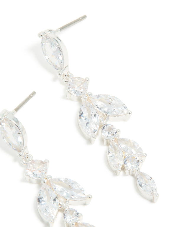 Featuring silver plated cubic zirconia vine medium drop earrings with leaf post detail view