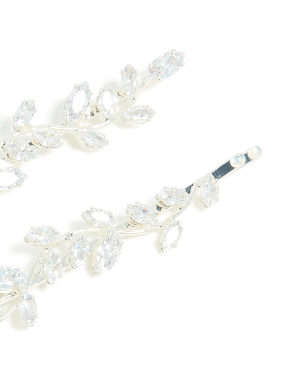 Featuring leaf vine hair clips with cubic zirconia in a 2-pack, designed from silver plated metal and dainty accessories side view