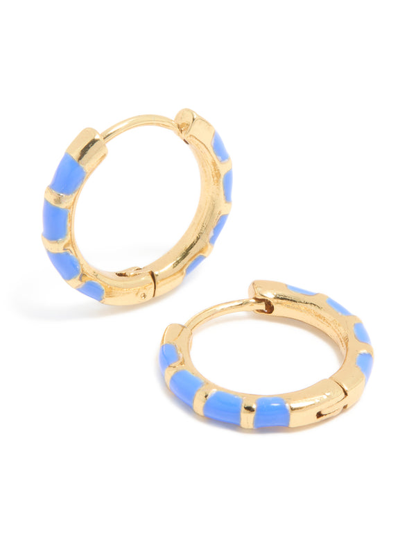 Discover waterproof statement huggie earrings crafted from stainless steel with bamboo design featuring blue enamel in a gold plated finish front view