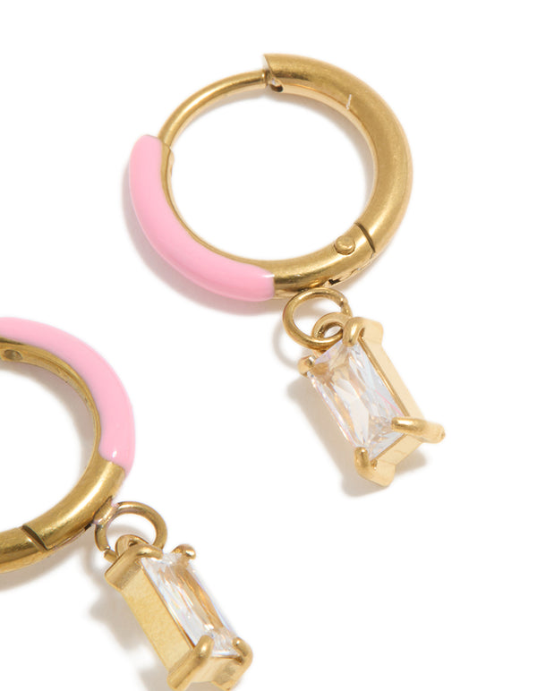 Highlighting waterproof gold plated stainless steel pink enamel cubic zirconia charm huggie earrings post detail view