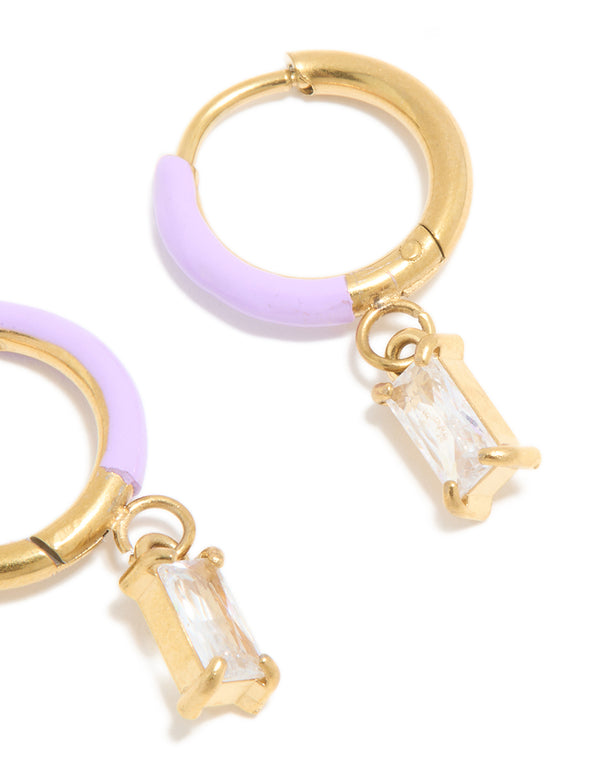 Waterproof Gold Plated Stainless Steel Purple Enamel Cubic Zirconia Charm Huggie Earrings