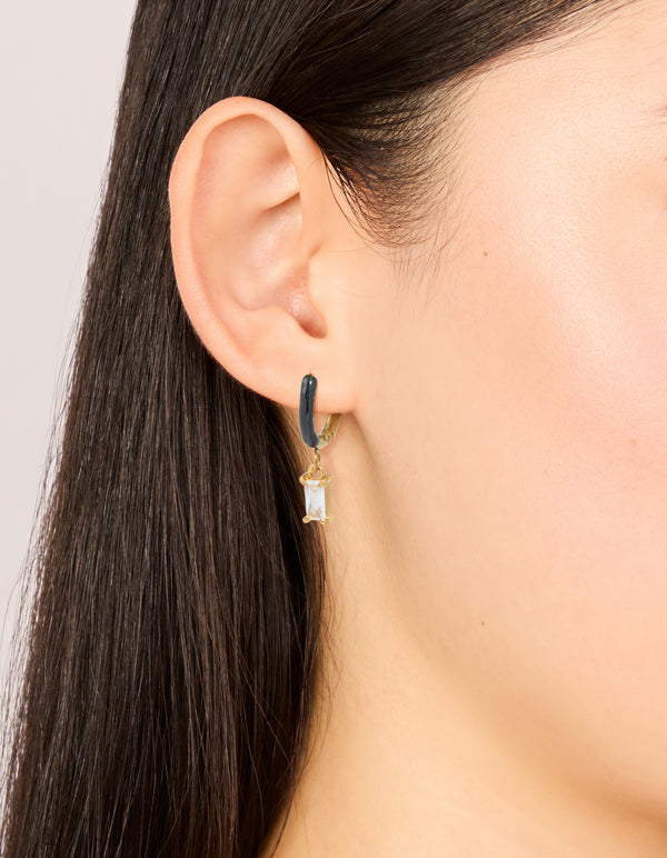 Waterproof Gold Plated Stainless Steel Black Enamel Cubic Zirconia Charm Huggie Earrings