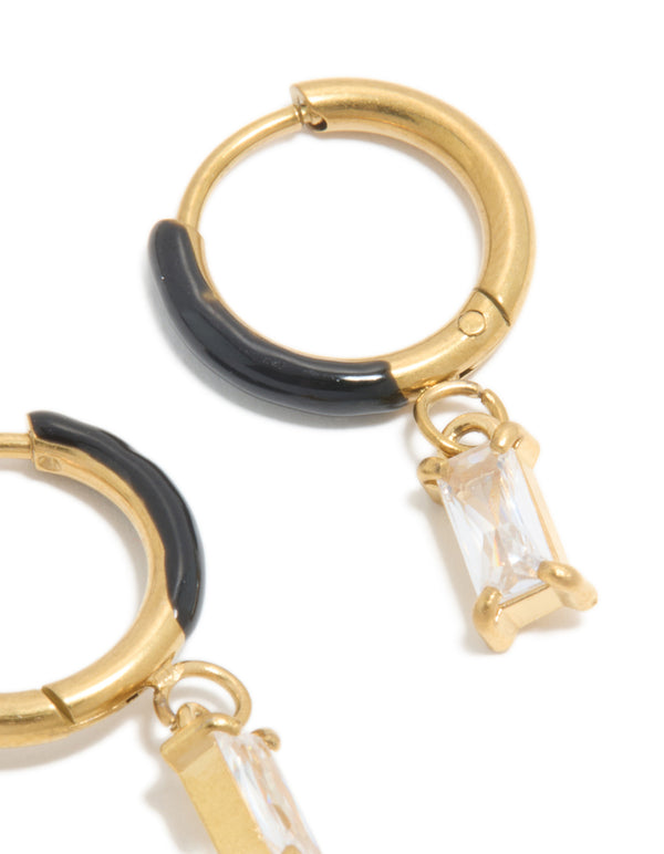 Waterproof Gold Plated Stainless Steel Black Enamel Cubic Zirconia Charm Huggie Earrings
