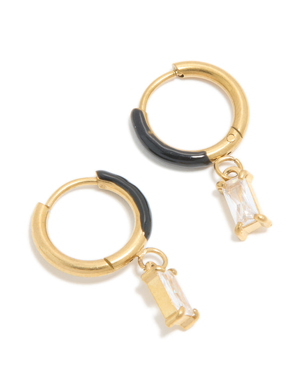 Featuring waterproof gold plated stainless steel black enamel cubic zirconia huggie earrings with charm in a statement style front view