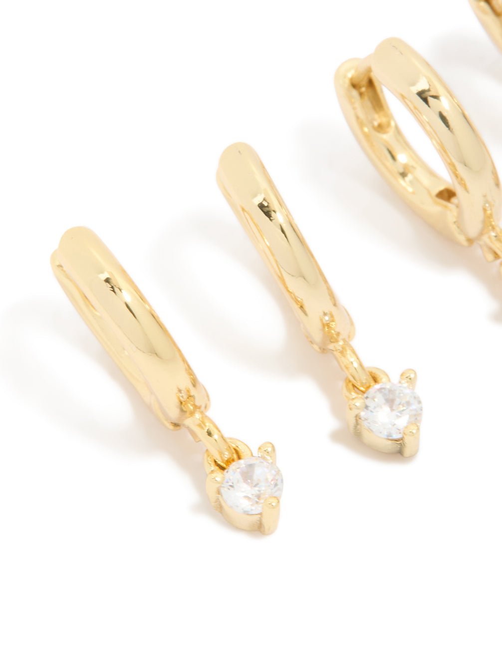 Gold Plated Brass Baguette Round Cubic Zirconia Huggie Earrings 2-Pack