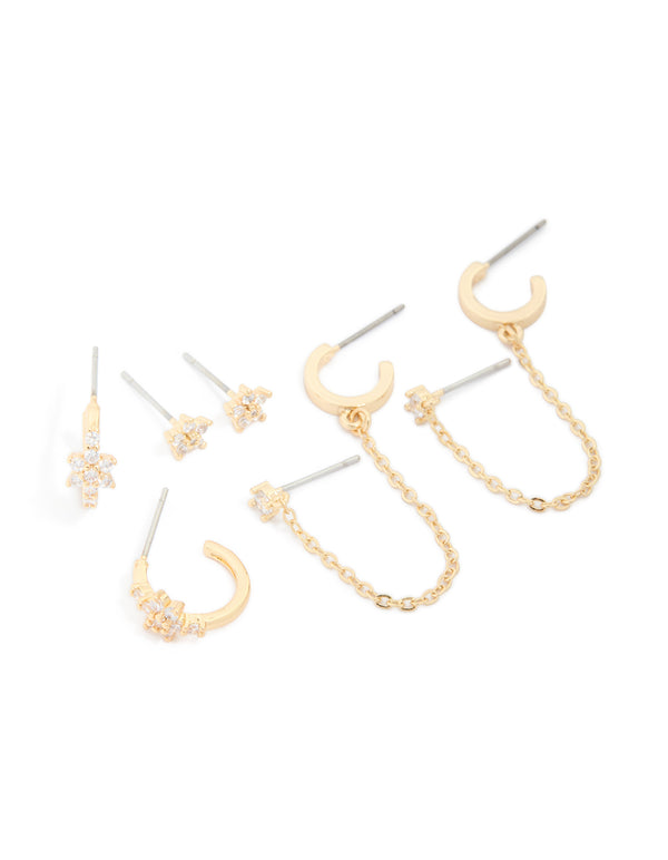 Gold Plated Cubic Zirconia Flower Chain & Mixed Earrings 4-Pack