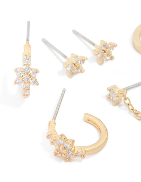Gold Plated Cubic Zirconia Flower Chain & Mixed Earrings 4-Pack
