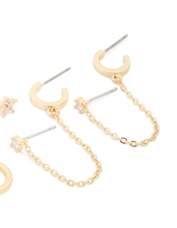 Gold Plated Cubic Zirconia Flower Chain & Mixed Earrings 4-Pack