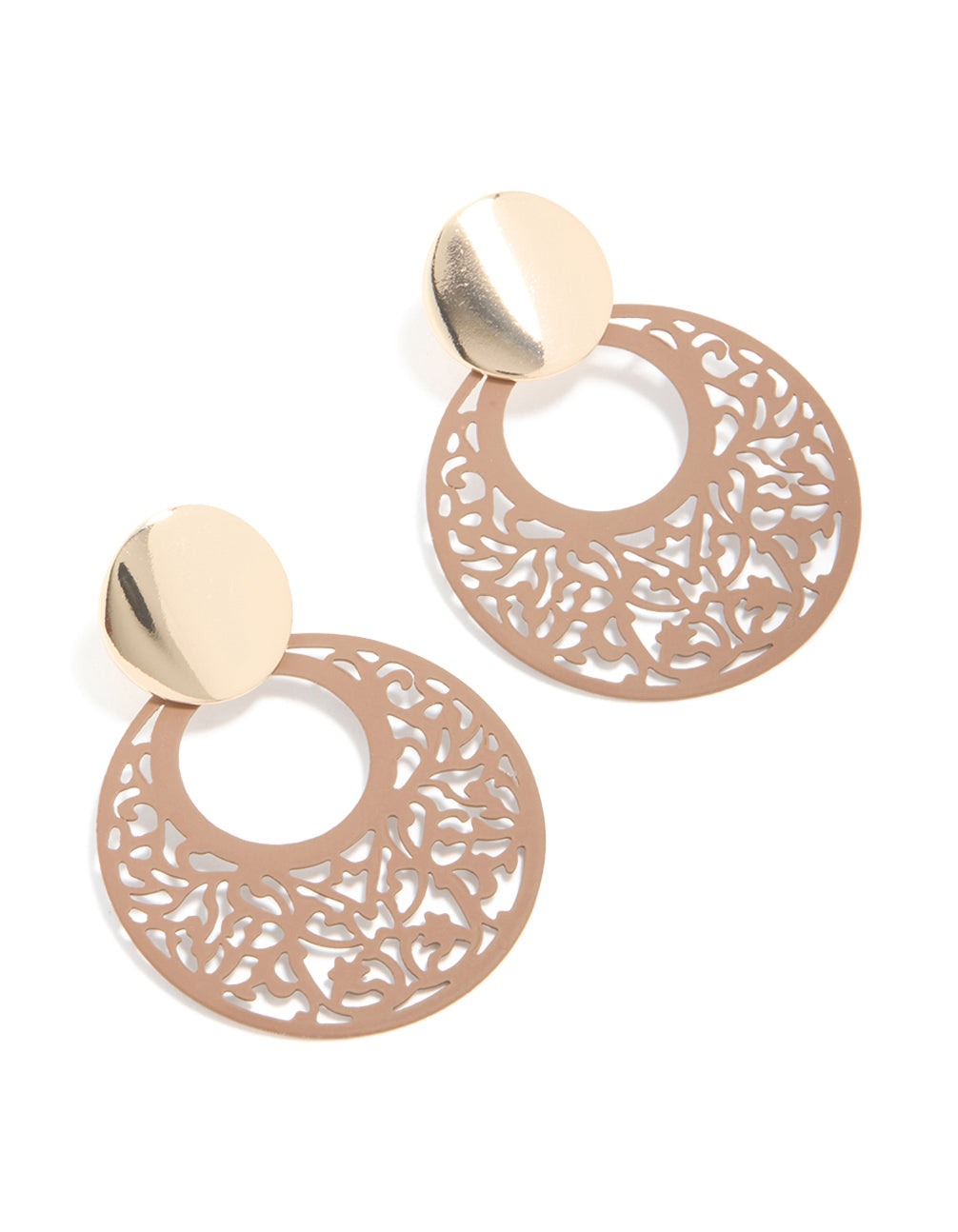 Gold Round & Brown Filigree Drop Earrings