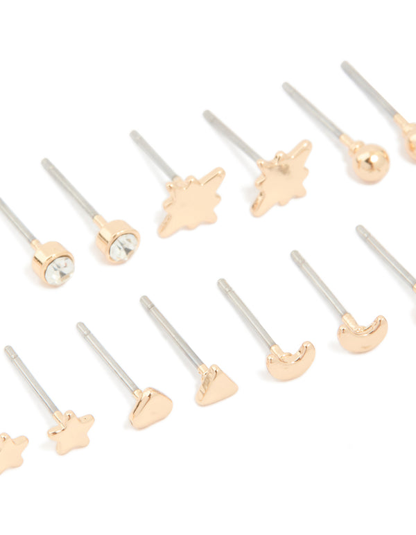 Gold Star & Ball Stud Earrings 7-Pack