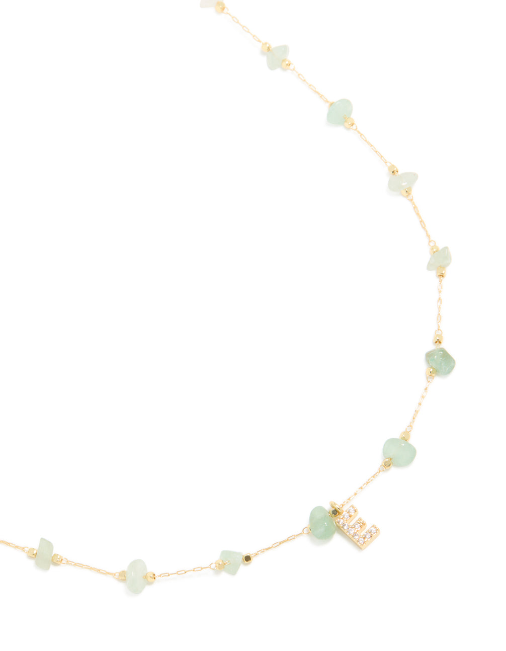 Gold Plated Green Aventurine Semi Precious Stone & Cubic Zirconia Letter E Necklace