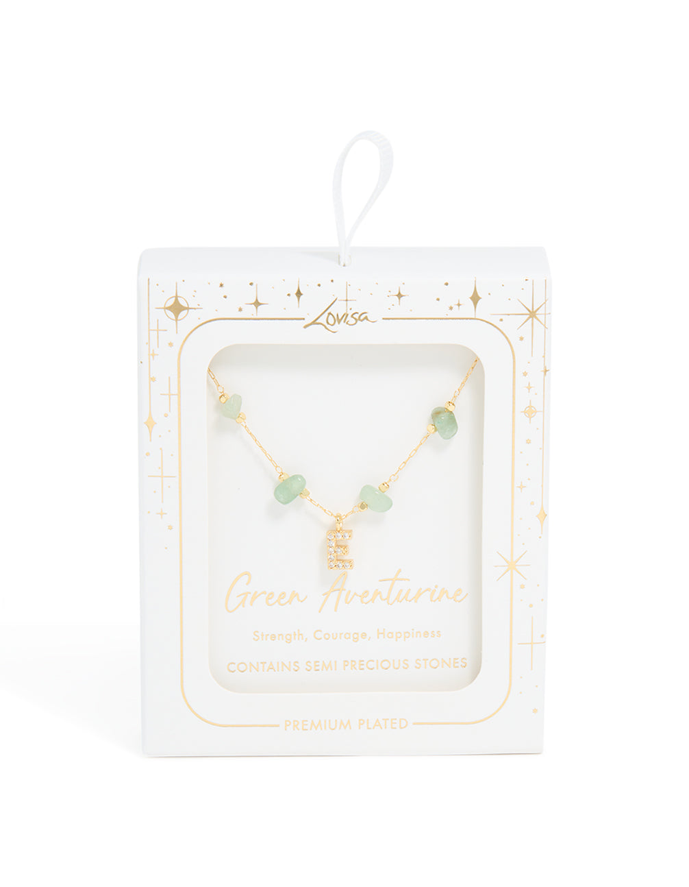 Gold Plated Green Aventurine Semi Precious Stone & Cubic Zirconia Letter E Necklace
