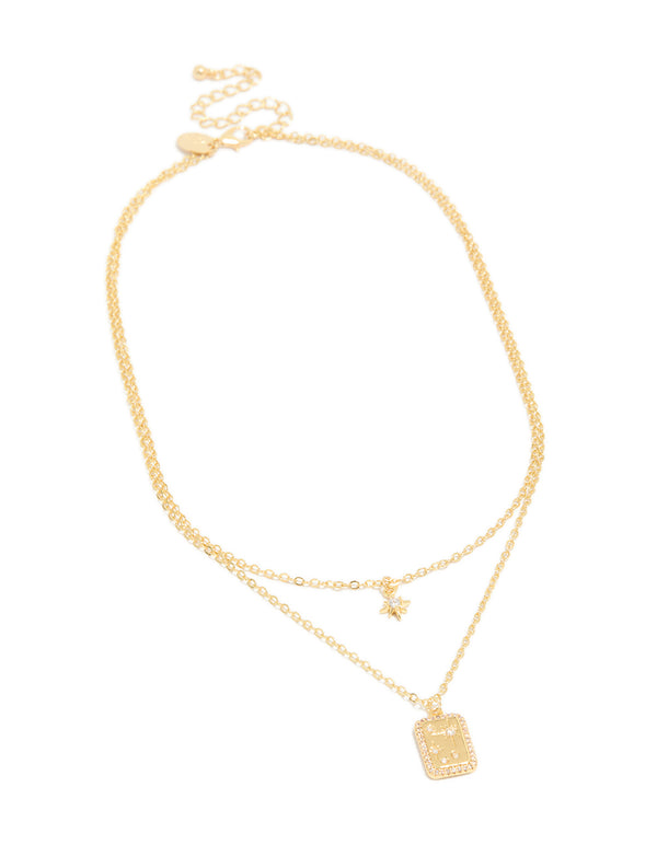 Gold Plated Cubic Zirconia Celestial & Rectangle Cluster Layered Necklace
