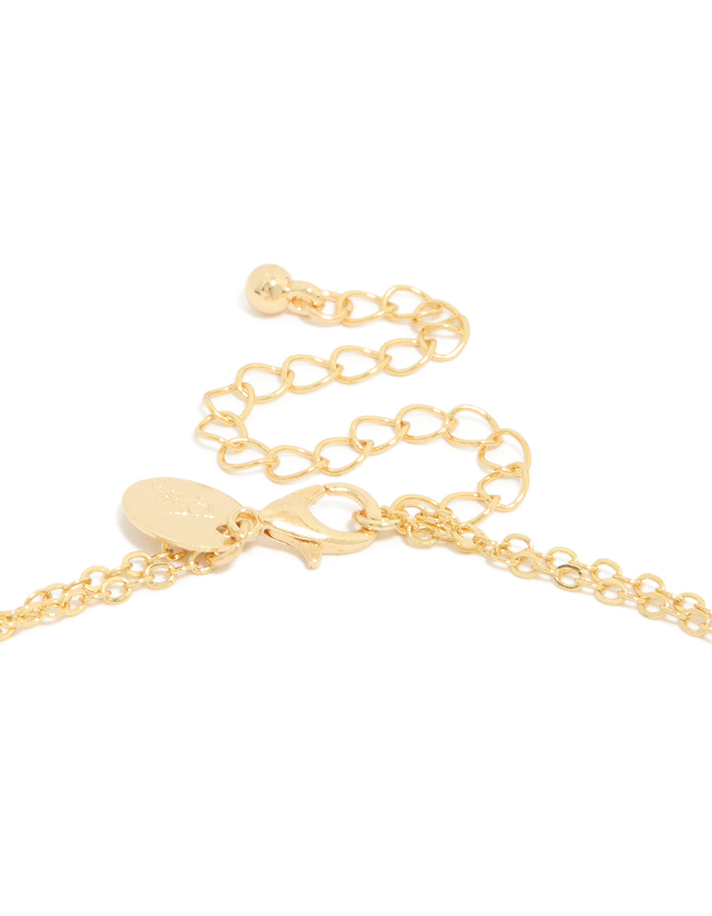 Presenting a gold plated cubic zirconia celestial and rectangle cluster layered necklace clasp detail view