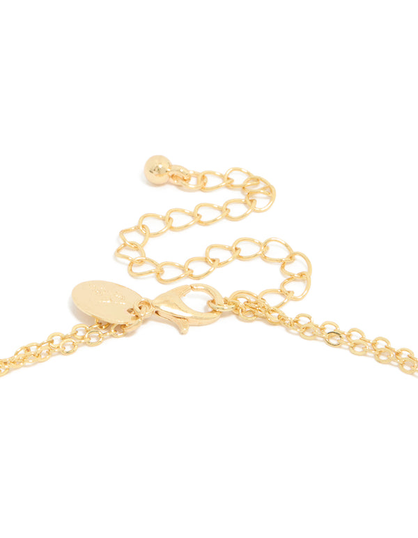 Presenting a gold plated cubic zirconia celestial and rectangle cluster layered necklace clasp detail view