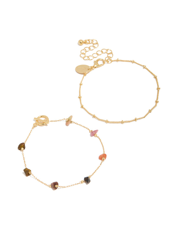 Beautifully crafted gold plated bracelet set featuring semi-precious stones and beads details front view