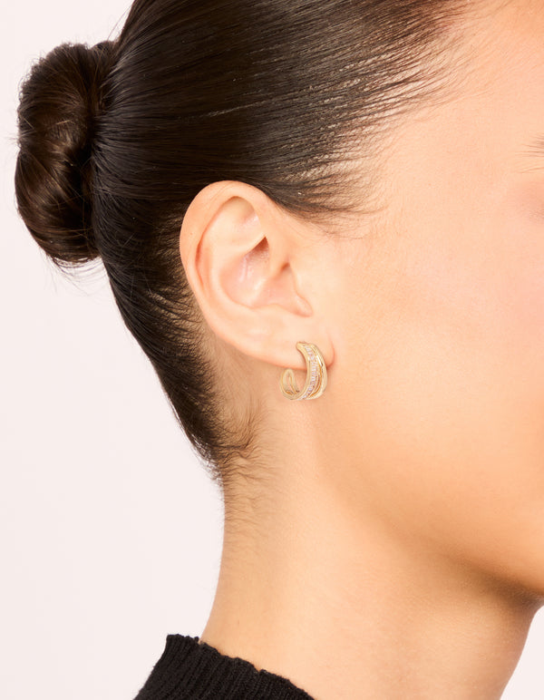 Gold Plated Cubic Zirconia Illusion Baguette Hoop Earrings