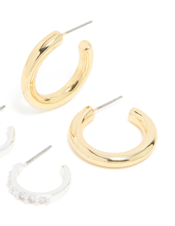 Mixed Metal Plated Cubic Zirconia Classic Hoop Earrings 2-Pack