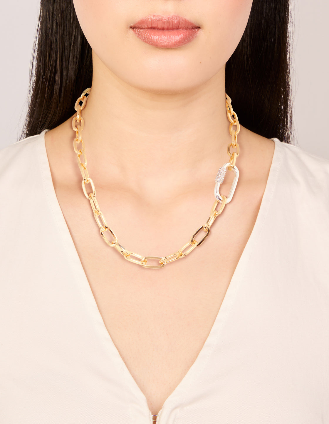 Mixed Metal Plated Diamante Carabiner Chain Necklace
