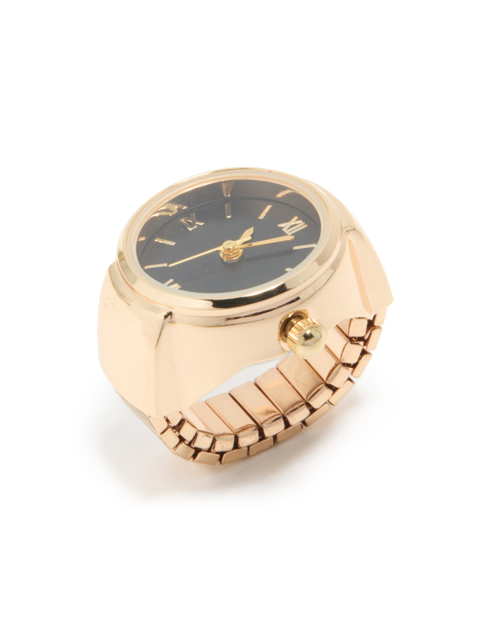 Designed with a statement watch ring in gold and black featuring roman numerals side detail view