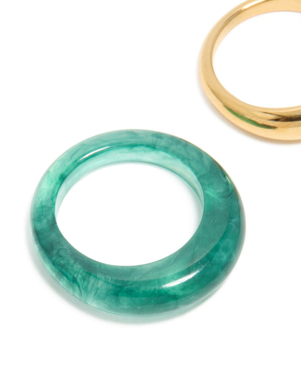 Elegant waterproof gold plated stainless steel modern thin stack ring set of 2 in turquoise close up view