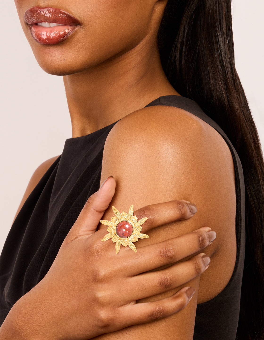 Gold Plated Red Stone Textured Sun Boho Ring