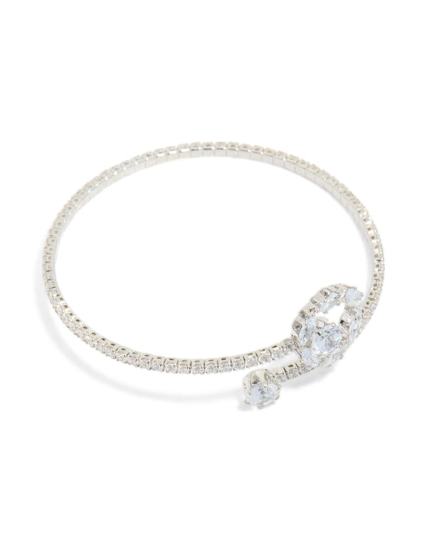 Discover a silver cubic zirconia open circle wrist cuff bracelet front view