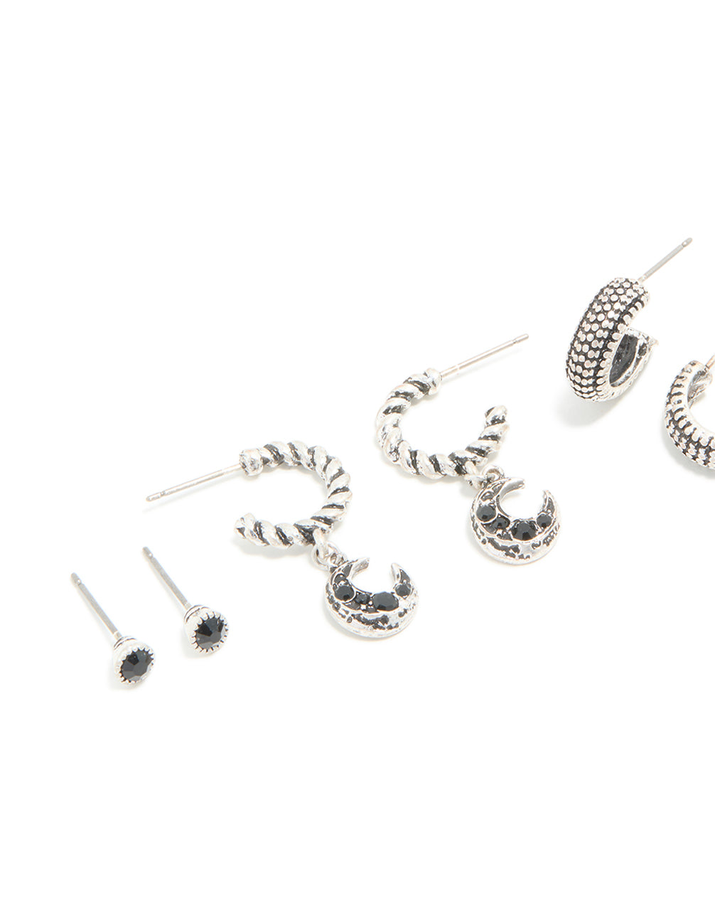 Crafted from textured metal, this celestial 5-pack showcases moon and heart with black accents close up view