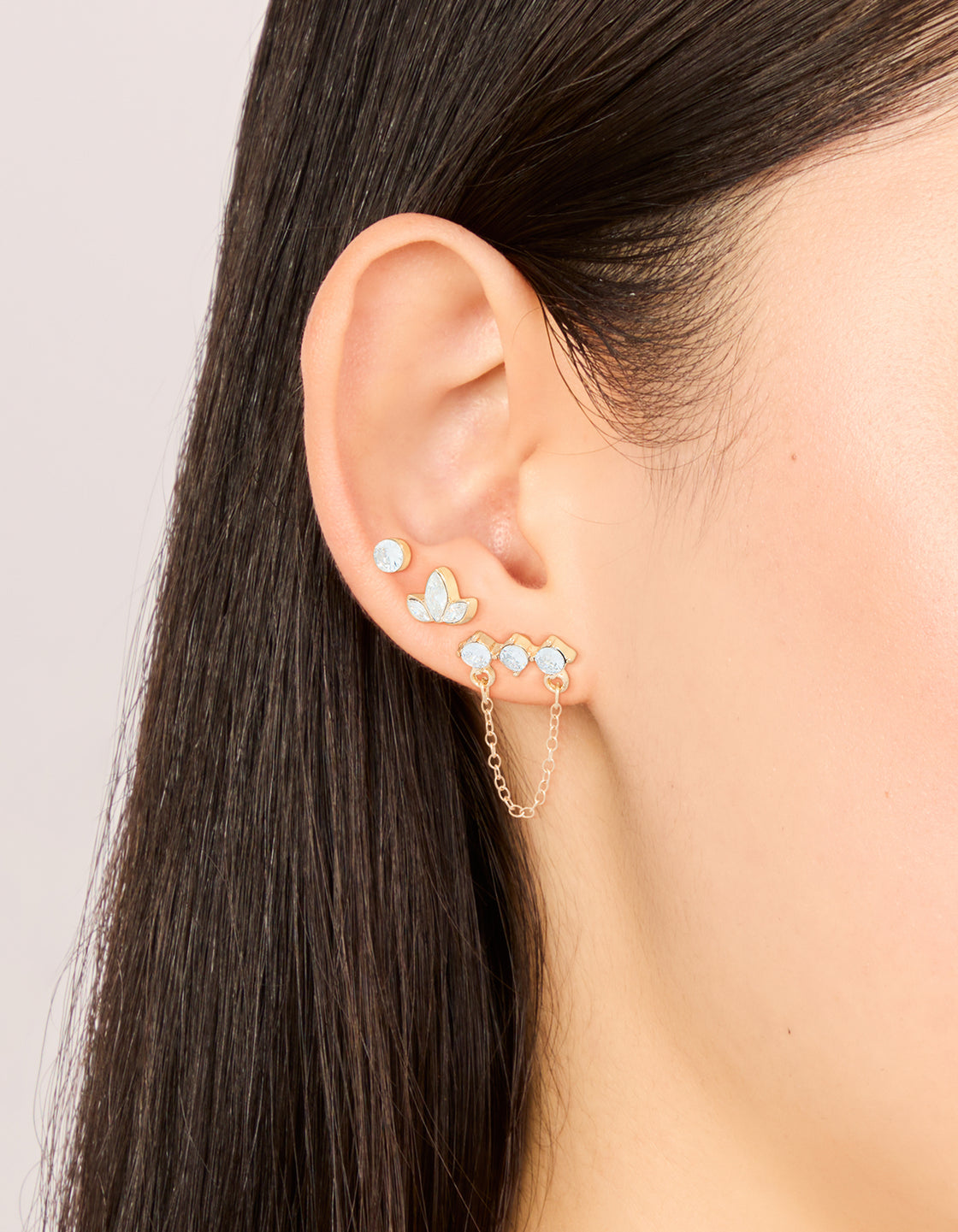 Gold Cubic Zirconia Stud & Chain Earrings 3-Pack