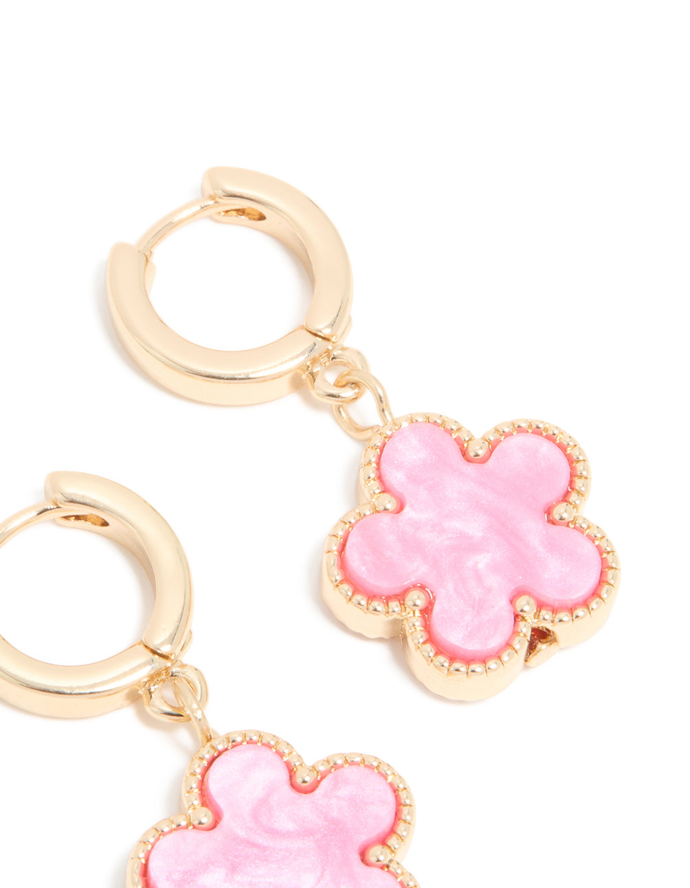 These huggie earrings in gold with pink floral design present post detail view
