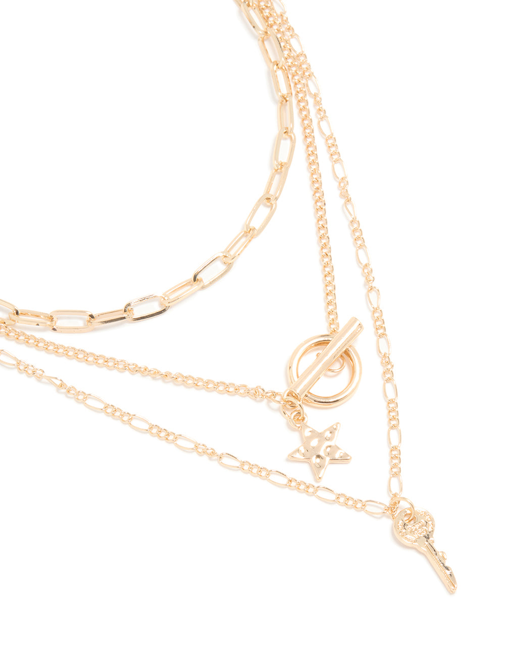 Gold Chain T Bar & Pendants Layered Necklace