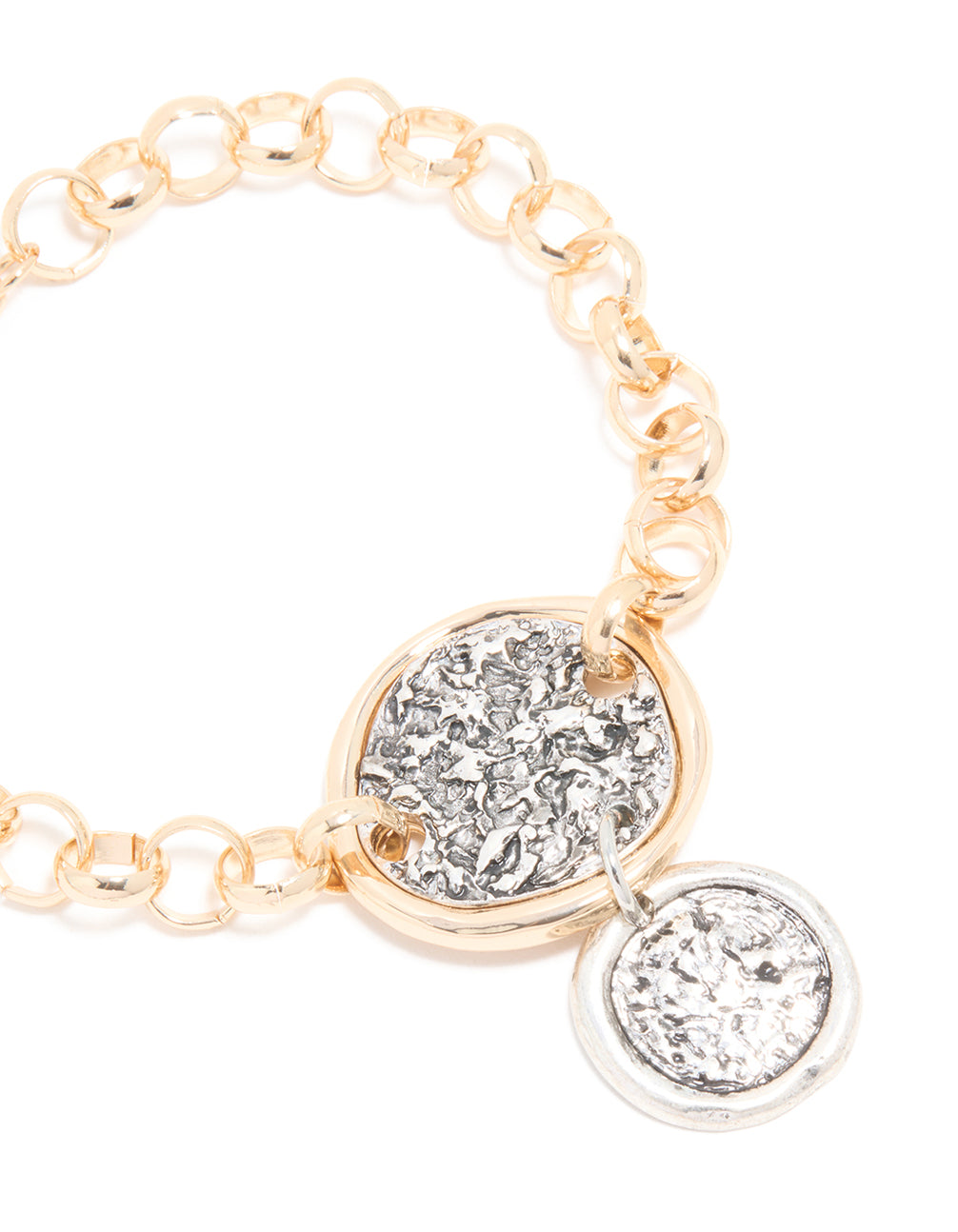 Mixed Metal Textured Disc Drop Charm Bracelet